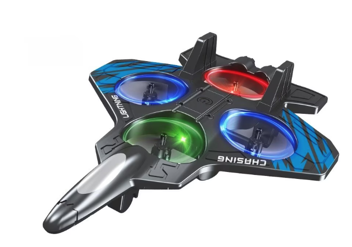 Avion de jucarie cu 4 elice lumini LED multicolore telecomanda 2.4 GHz si acumulator reincarcabil USB
